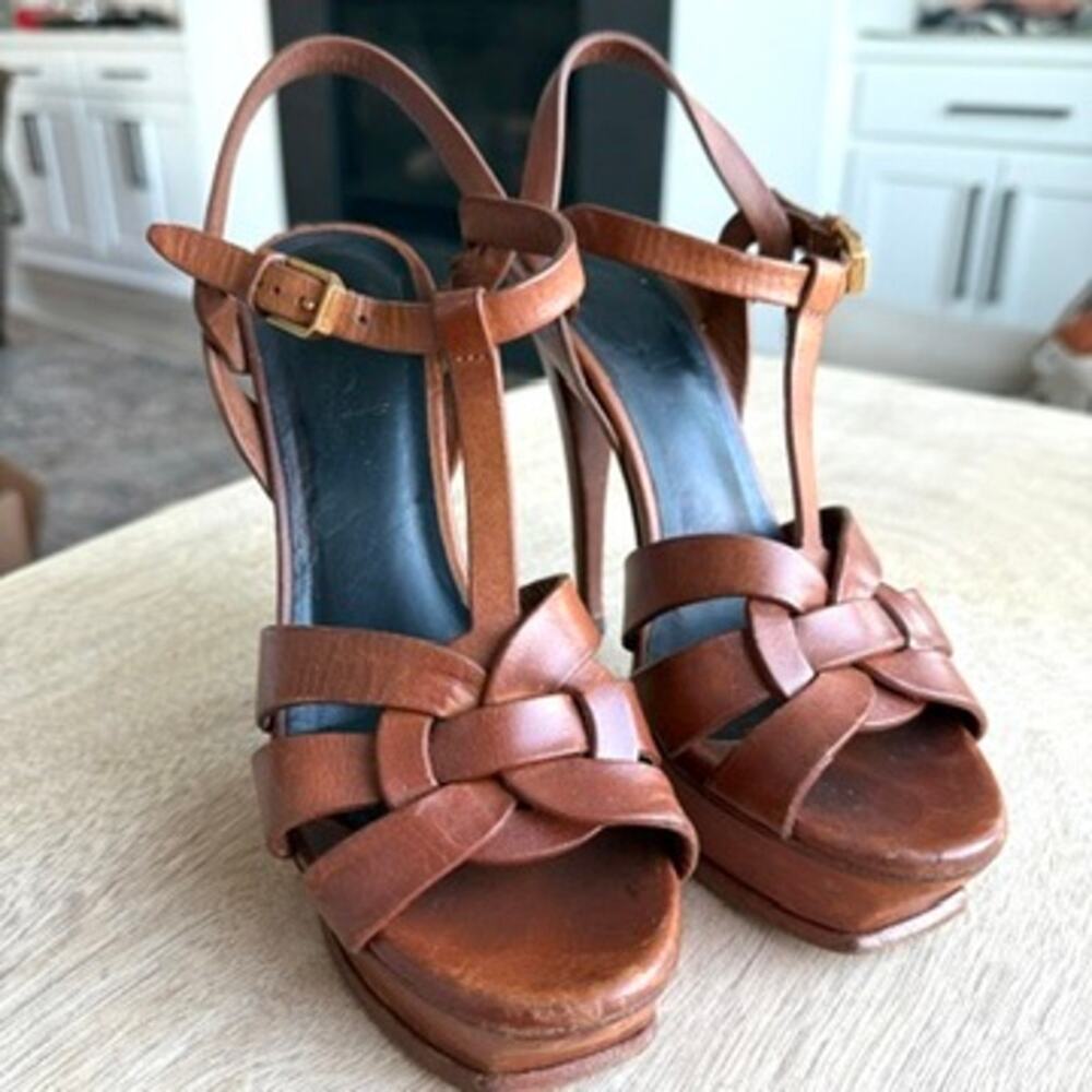 YSL SAINT LAURENT Tribute Platform Sandal Heel Cognac Leather 37.5 Italy Strappy - Picture 2 of 14